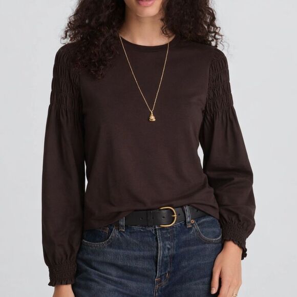 Madewell Tops - Madewell Black Walnut Smocked Voile Long-Sleeve Cotton Jersey Tee Shirt XS